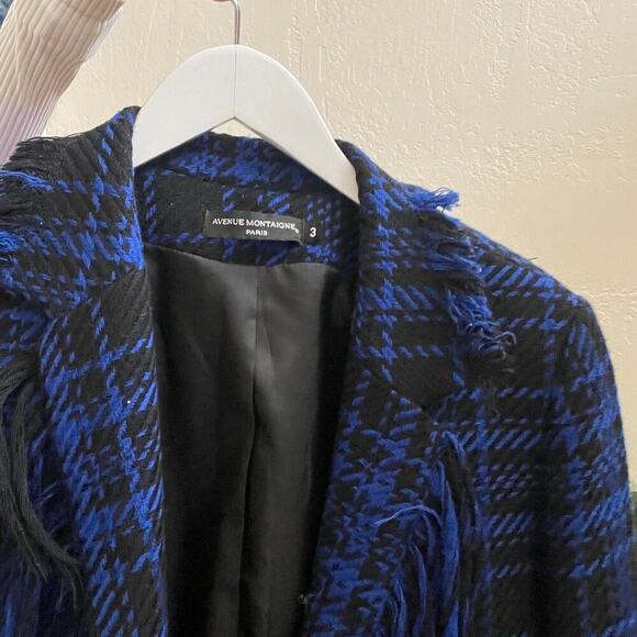 Vintage 100% Wool Blue Plaid Fringe Longline Blazer Jacket Coat - Picture 7 of 8